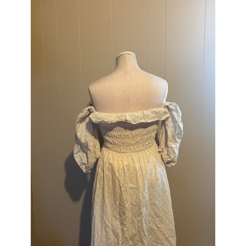WHITE XS Swiss Dot Smocked Off Shoulder Maxi Dress Cottagecore Boho Prairie - Picture 3 of 10